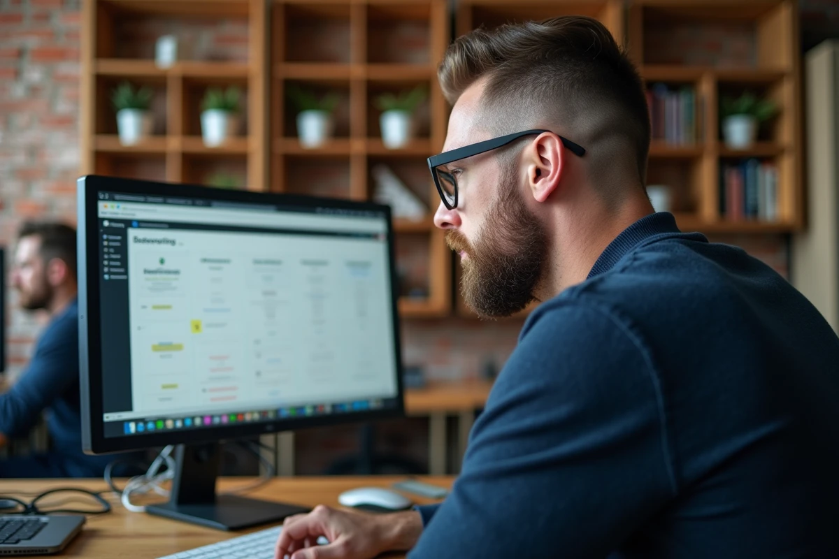 Entrepreneur masculin analysant les tarifs de création de site web sur un écran dans un espace de coworking