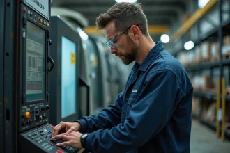 Technicien CNC devant une fraiseuse à commande numérique dans un atelier industriel moderne