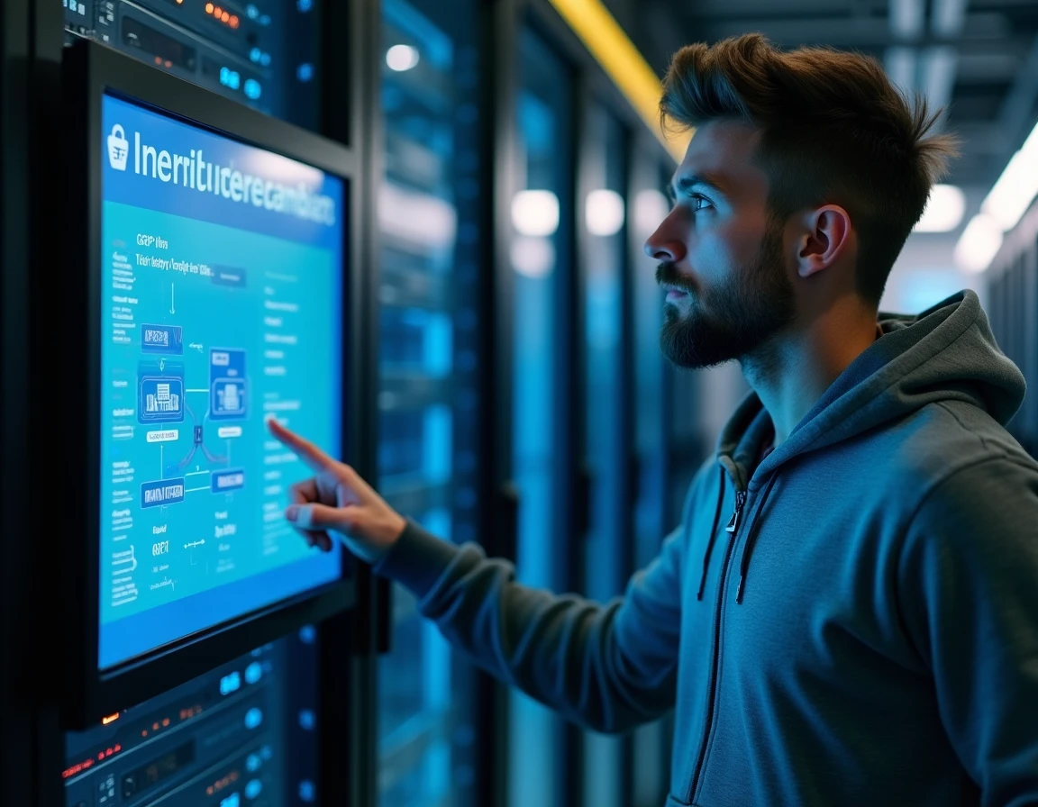 Technicien en cybersécurité consultant une interface de conformité RGPD et chiffrement des données dans une salle serveur