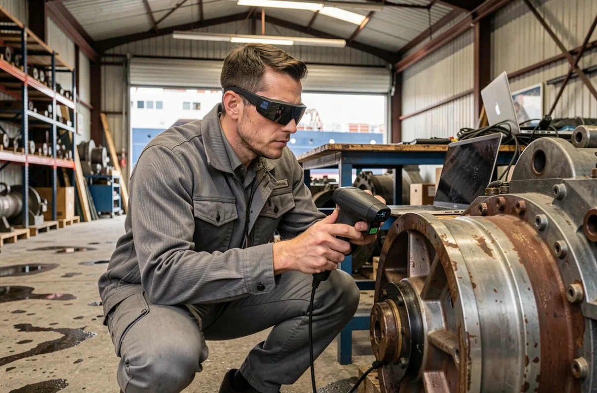 Technicien naval utilisant des lunettes de réalité augmentée et un scanner numérique pour la maintenance d'un moteur de navire dans un atelier de chantier naval