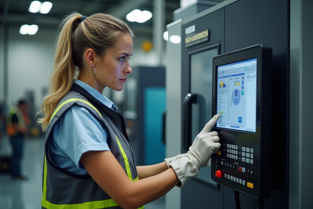 Technicienne CNC consultant l'interface de contrôle d'un tour à commande numérique en usine
