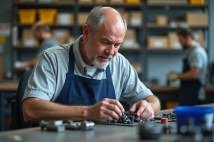 Travailleur handicapé en atelier ESAT assemblant des pièces mécaniques, illustrant le travail protégé et le calcul du salaire net mensuel