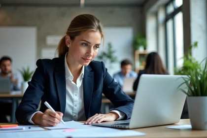 Femme professionnelle évaluant des prestataires de services média sur un ordinateur portable dans un bureau moderne