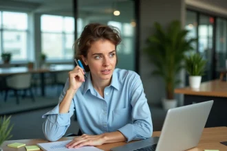 Femme en entreprise consultant un logiciel de gestion CegidLife sur ordinateur portable avec des documents imprimés sur le bureau