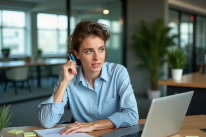 Femme en entreprise consultant un logiciel de gestion CegidLife sur ordinateur portable avec des documents imprimés sur le bureau