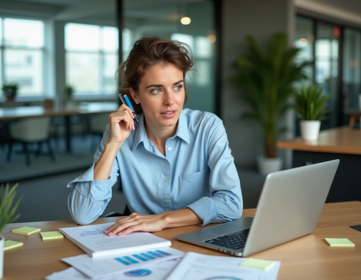 Femme en entreprise consultant un logiciel de gestion CegidLife sur ordinateur portable avec des documents imprimés sur le bureau