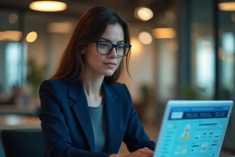 Professionnelle analysant un tableau de bord de protection des données clients sur ordinateur portable dans un bureau moderne