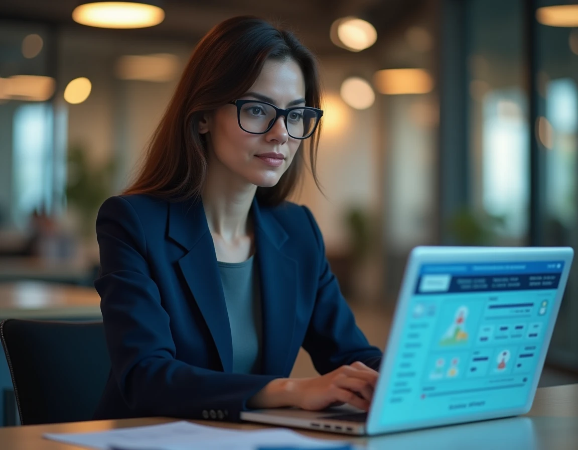 Professionnelle analysant un tableau de bord de protection des données clients sur ordinateur portable dans un bureau moderne