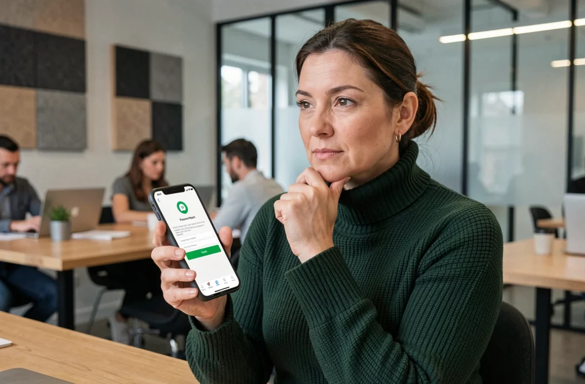 Femme dans un espace de coworking vérifiant un code SMS pour récupérer l'accès à son compte M'RH connexion