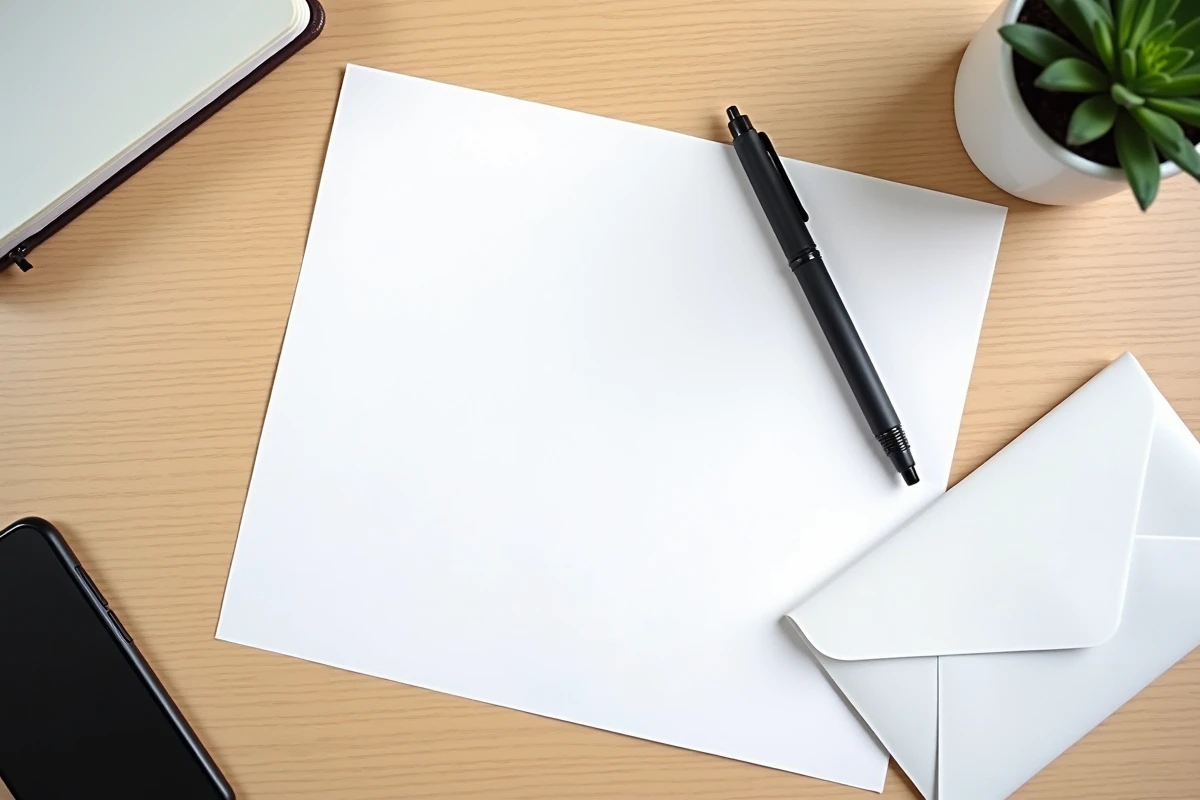 Vue du dessus d'une lettre de démission courte posée sur un bureau avec une enveloppe et un stylo