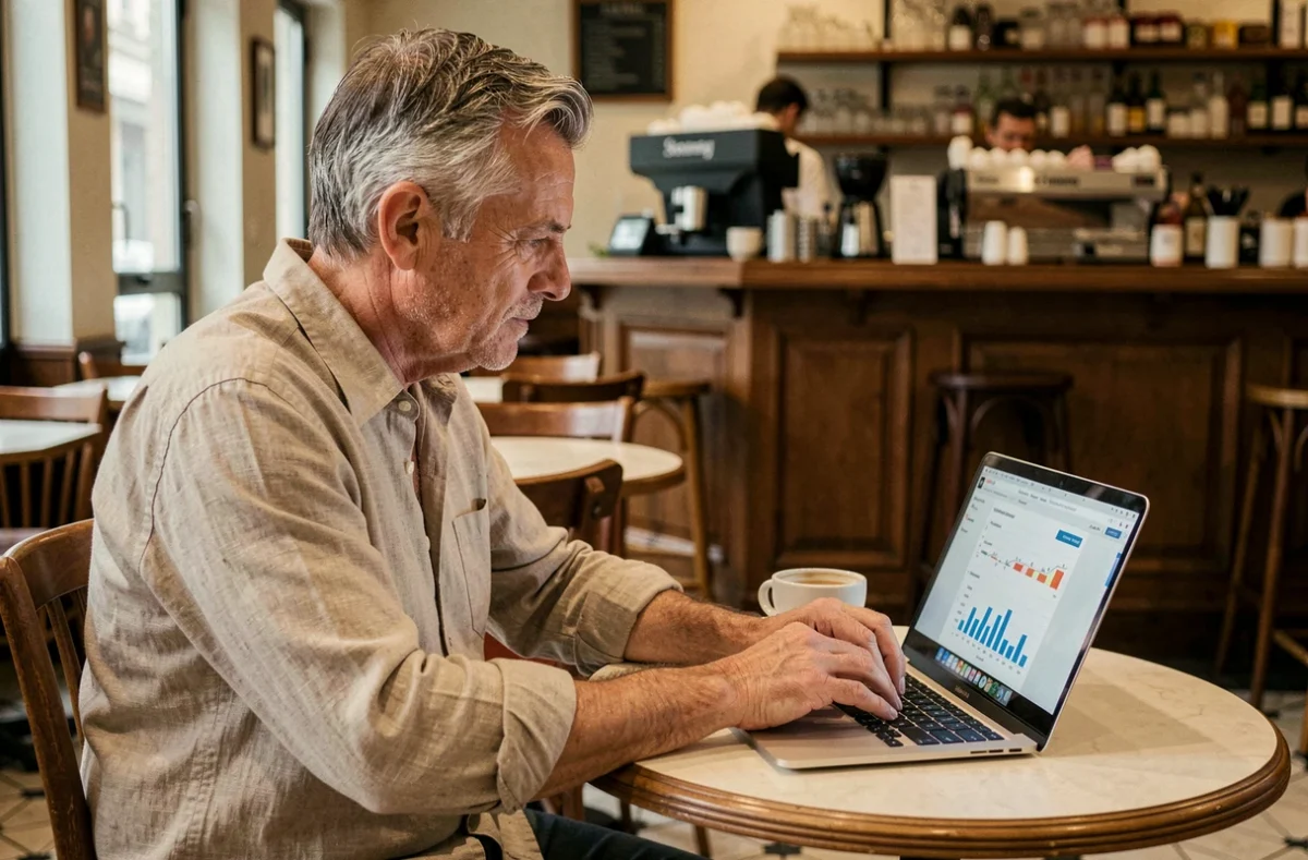 Freelance webmaster comparant les statuts juridiques et le portage salarial sur son ordinateur dans un café parisien