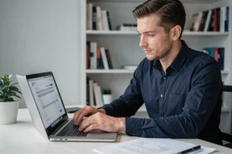 Webmaster indépendant en portage salarial consultant une facture sur son ordinateur portable dans un bureau à domicile moderne